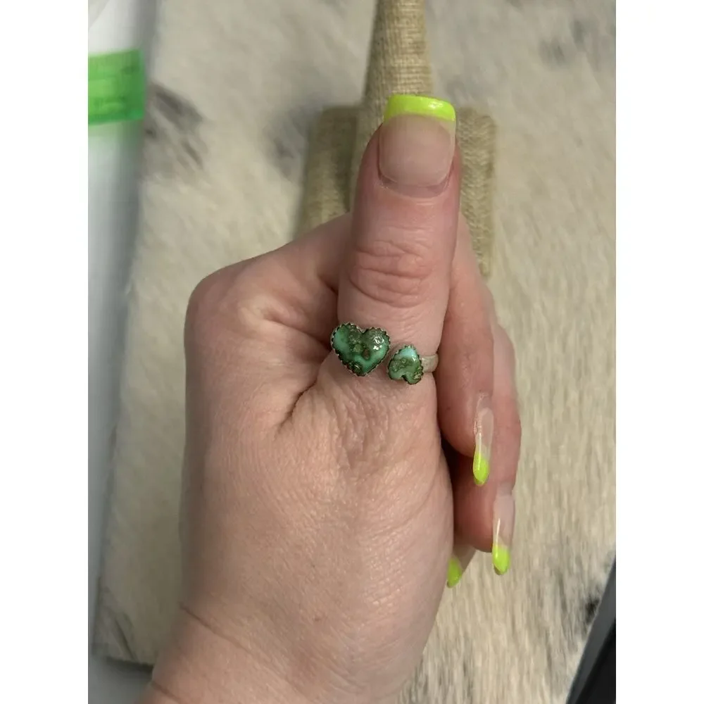 Sterling Silver Double Stone Sonoran Gold Green Hearts Turquoise Adjustable Ring